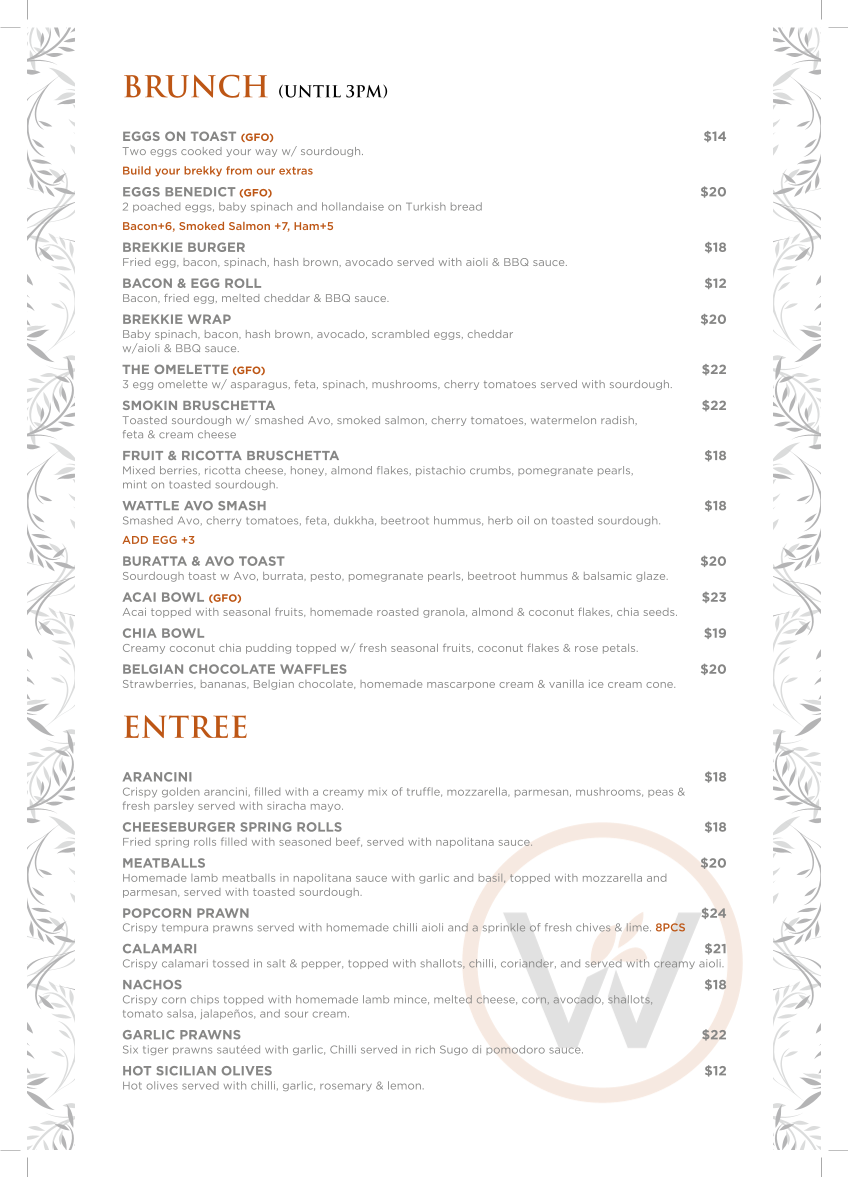 Menu, Wattlewood Espresso, Kitchen & Bar