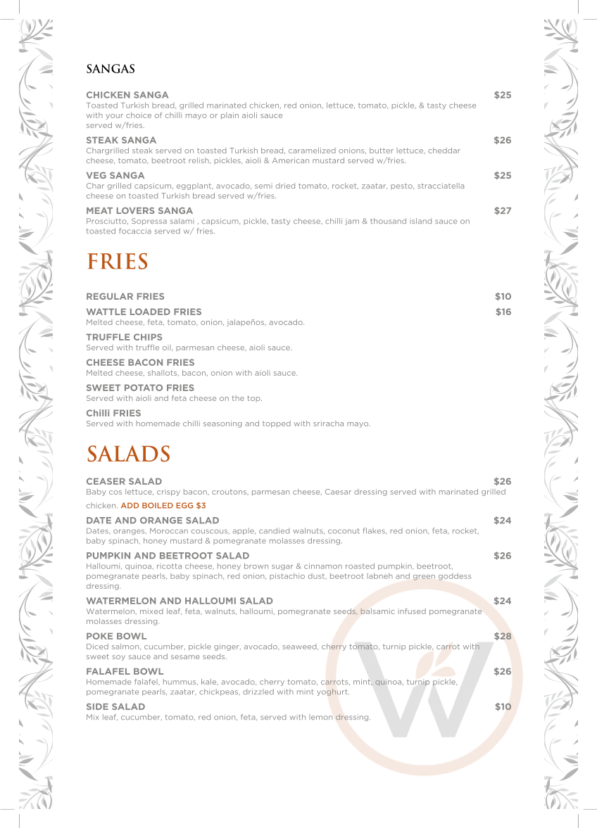 Menu, Wattlewood Espresso, Kitchen & Bar