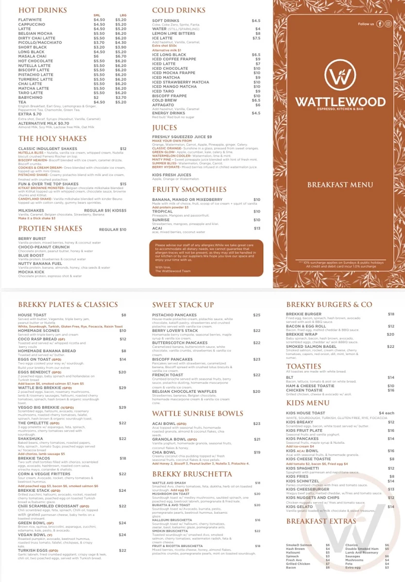 Menu, Wattlewood Espresso, Kitchen & Bar