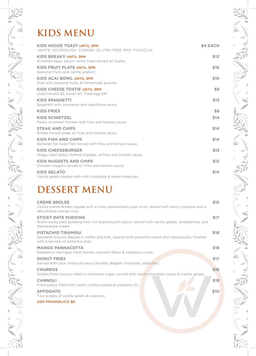 Menu, Wattlewood Espresso, Kitchen & Bar