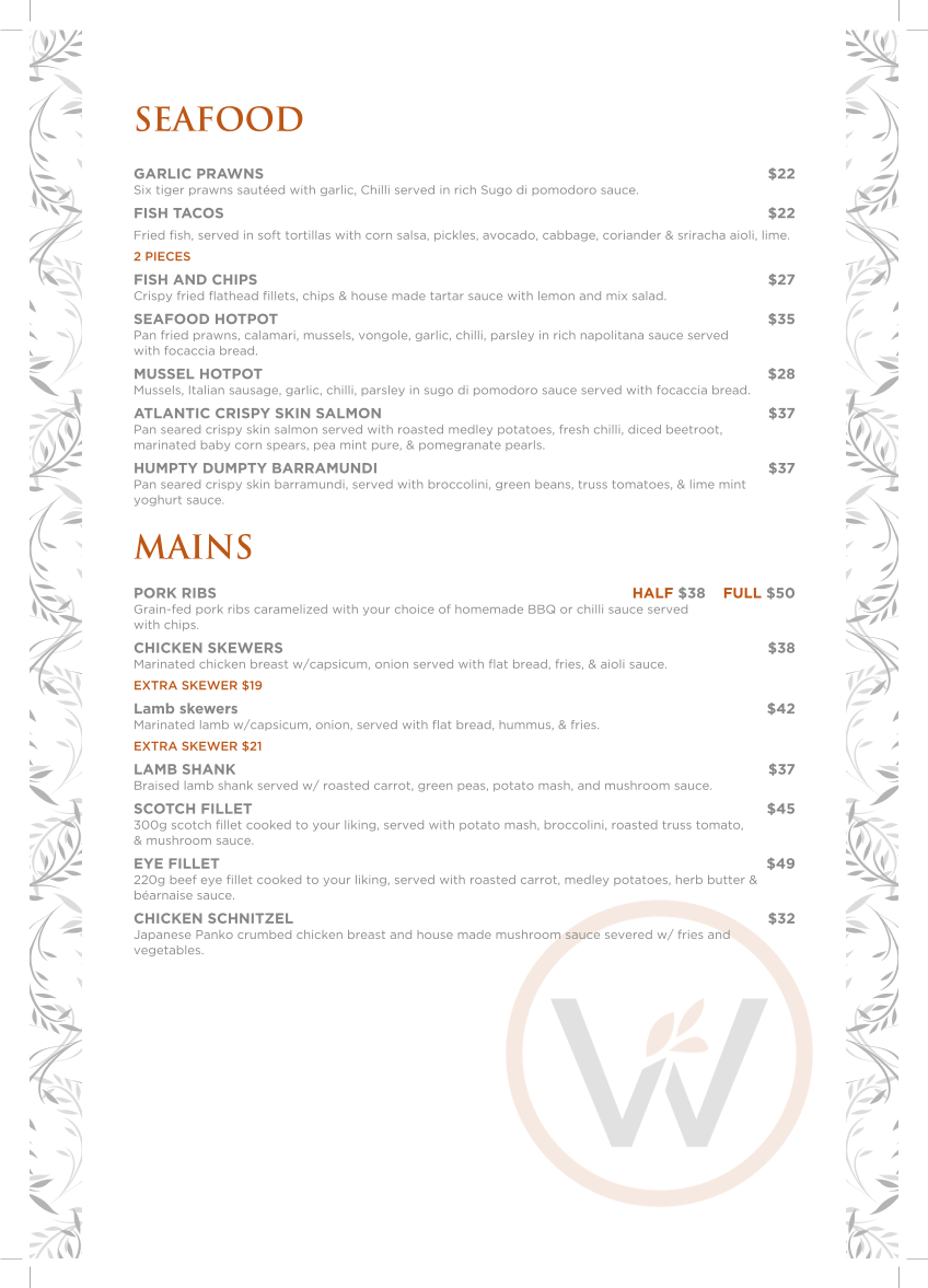 Menu, Wattlewood Espresso, Kitchen & Bar