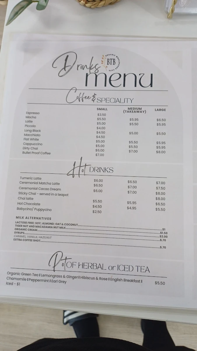 Menu, Back to Basics Organic Cafe