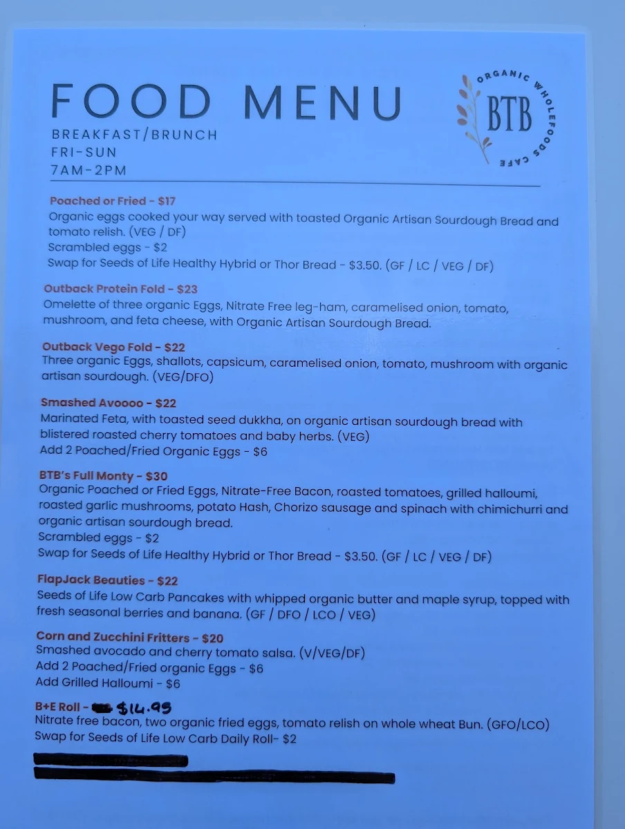 Menu, Back to Basics Organic Cafe