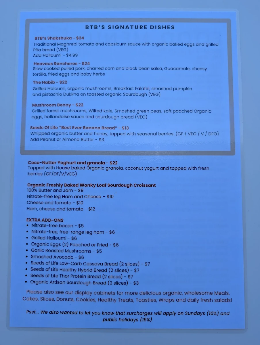 Menu, Back to Basics Organic Cafe