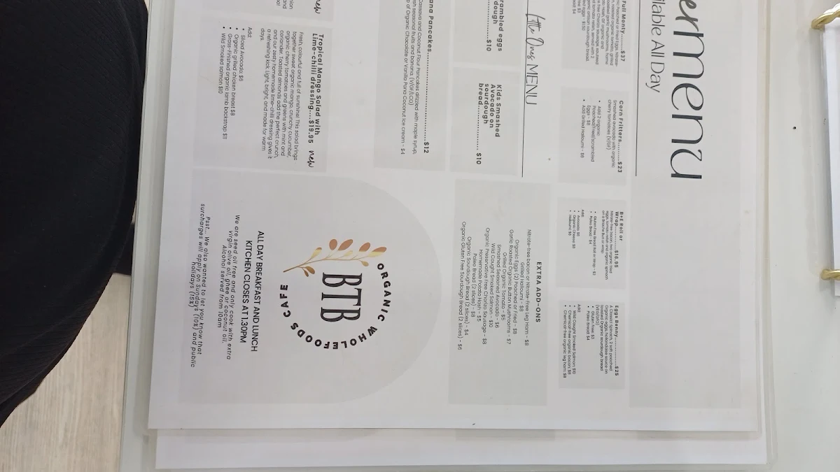 Menu, Back to Basics Organic Cafe