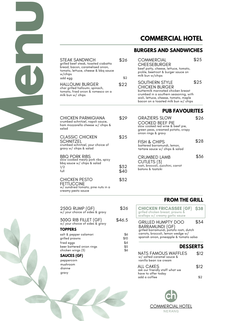 Menu, Commercial Hotel