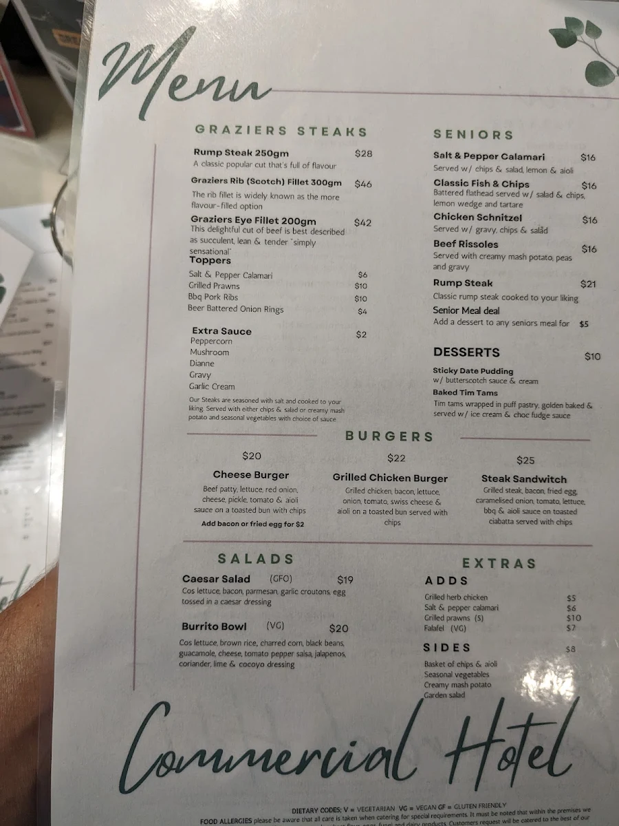 Menu, Commercial Hotel
