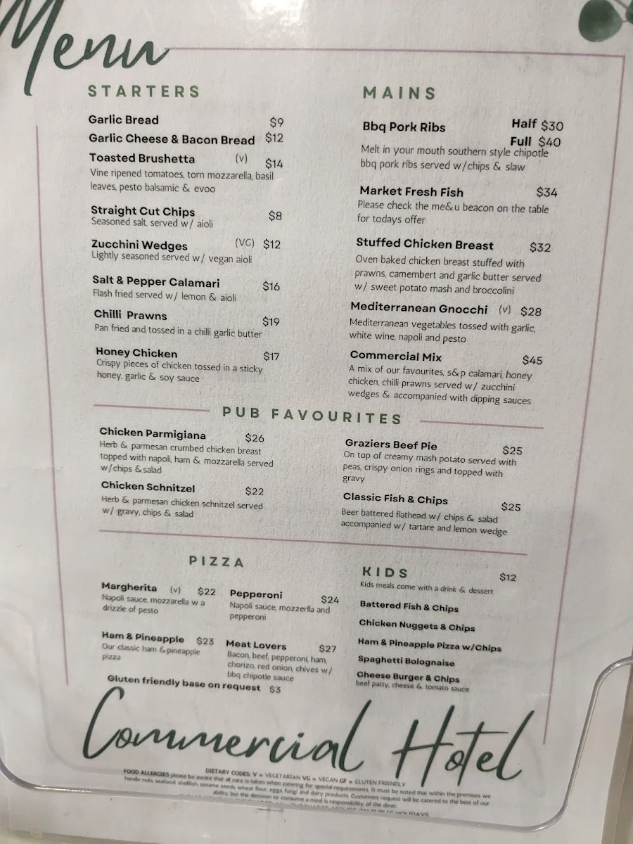 Menu, Commercial Hotel