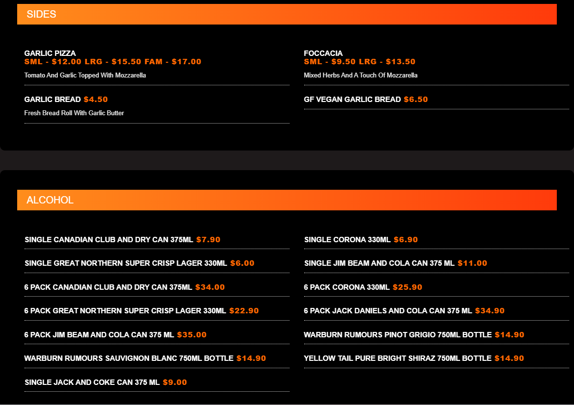 Menu, Pizza Heaven Wodonga