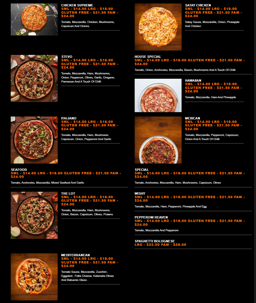 Menu, Pizza Heaven Wodonga