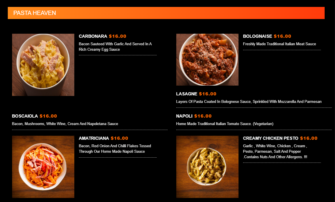 Menu, Pizza Heaven Wodonga