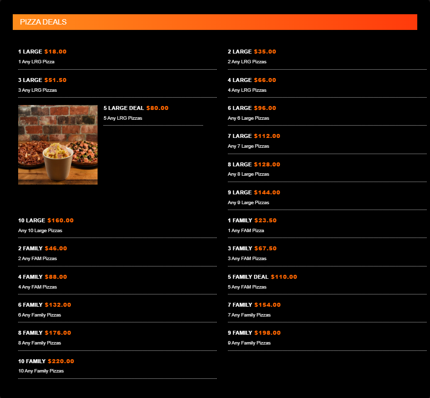 Menu, Pizza Heaven Wodonga