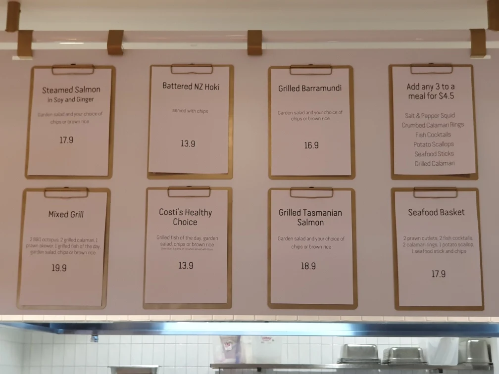 Menu, Costi's Fish and Chips Quay Quarter