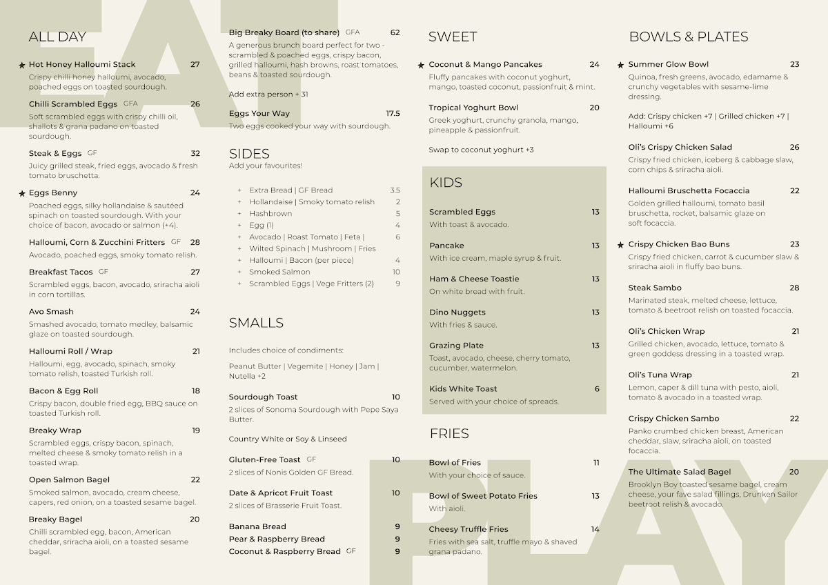 Menu, Oli's Cafe