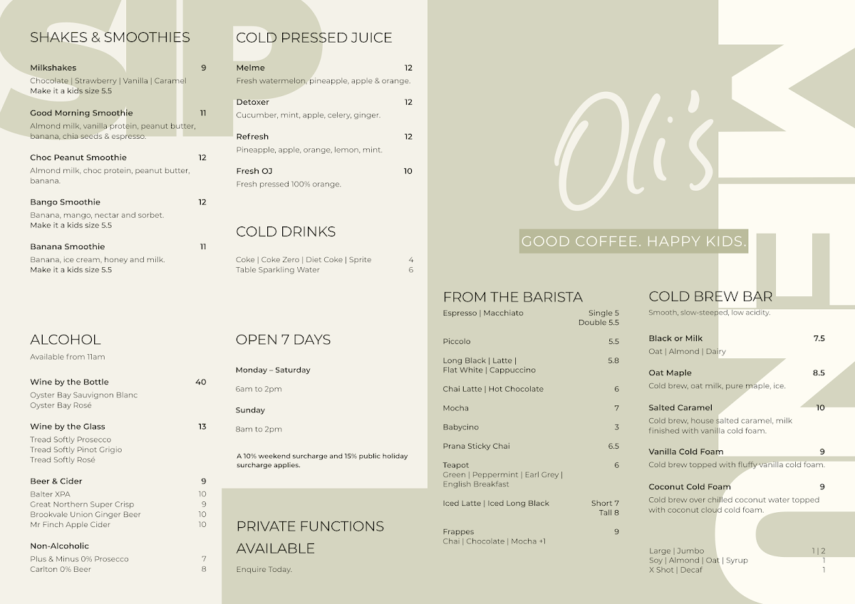 Menu, Oli's Cafe