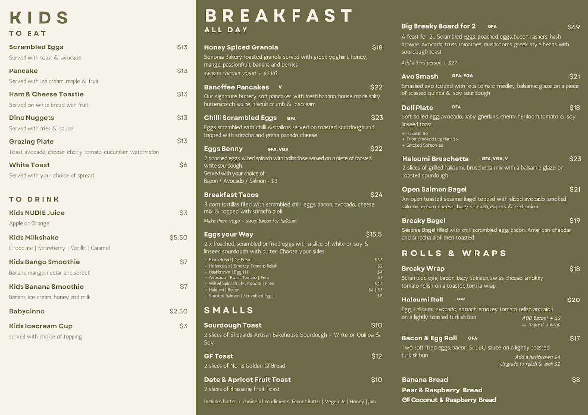 Menu, Oli's Cafe