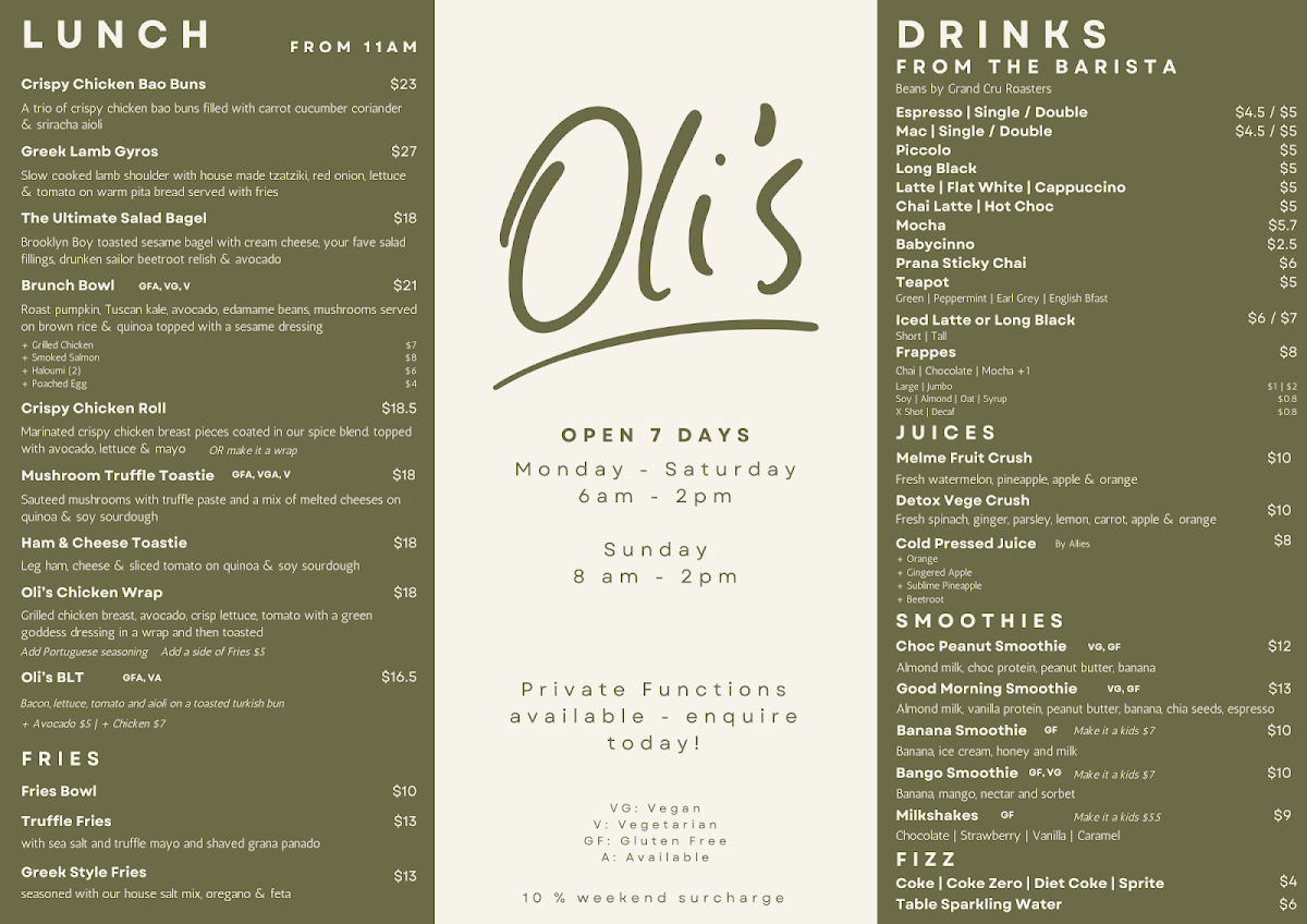 Menu, Oli's Cafe