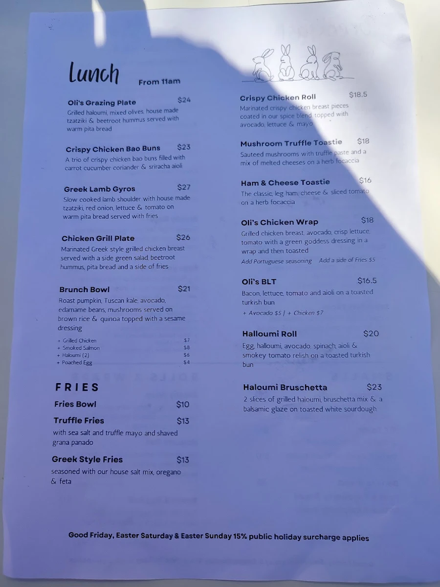 Menu, Oli's Cafe