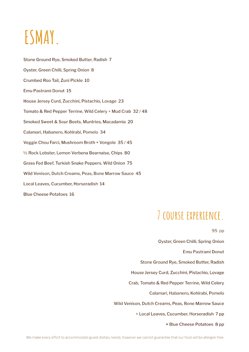 Menu, Esmay