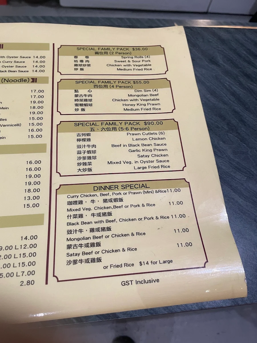 Menu, Fortuna Eating House
