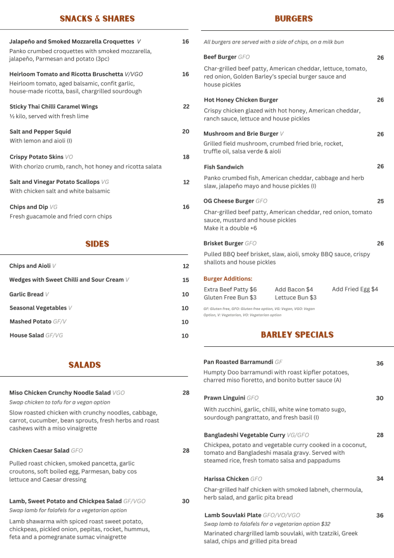 Menu, Golden Barley Hotel