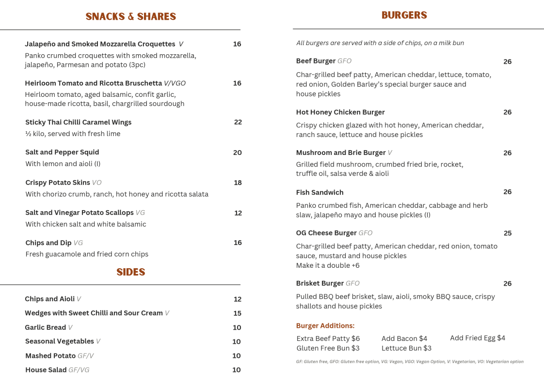Menu, Golden Barley Hotel