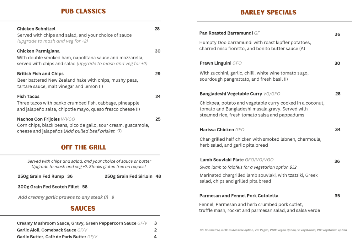 Menu, Golden Barley Hotel