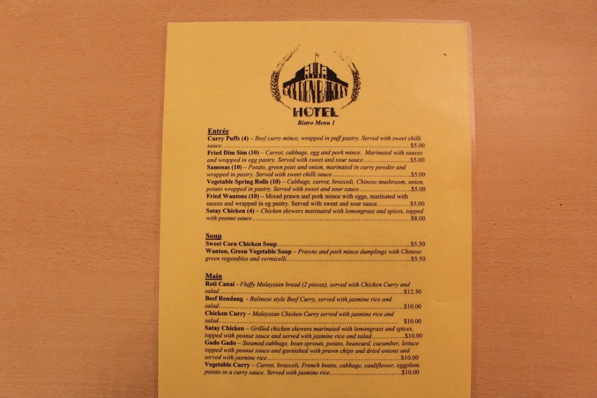 Menu, Golden Barley Hotel