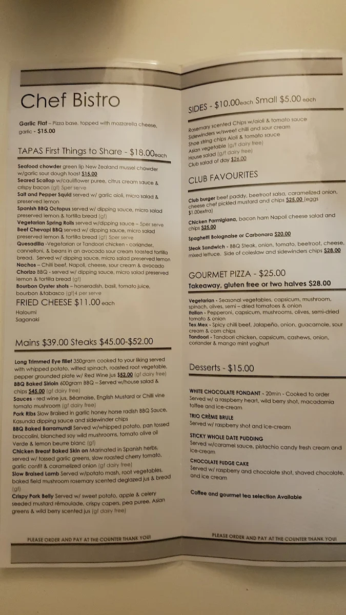 Menu, Chef Bistro - North Regional TAFE Pundulmurra Campus