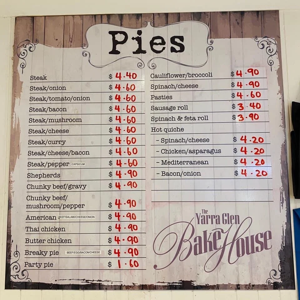 Menu, Yarra Glen Bake House