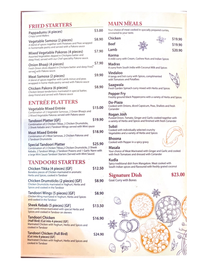Menu, Spice of India