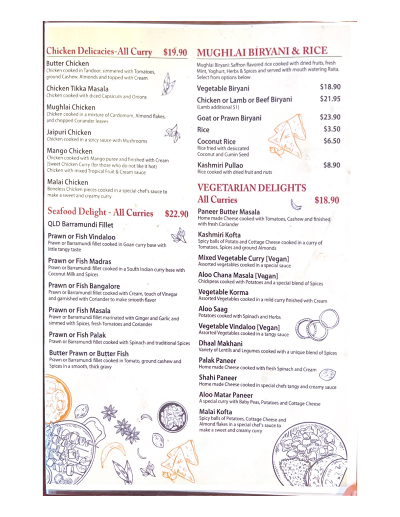Menu, Spice of India