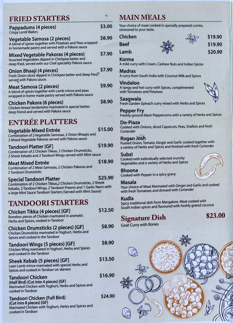 Menu, Spice of India