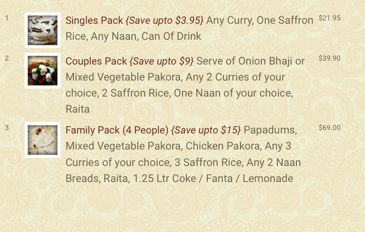 Menu, Spice of India