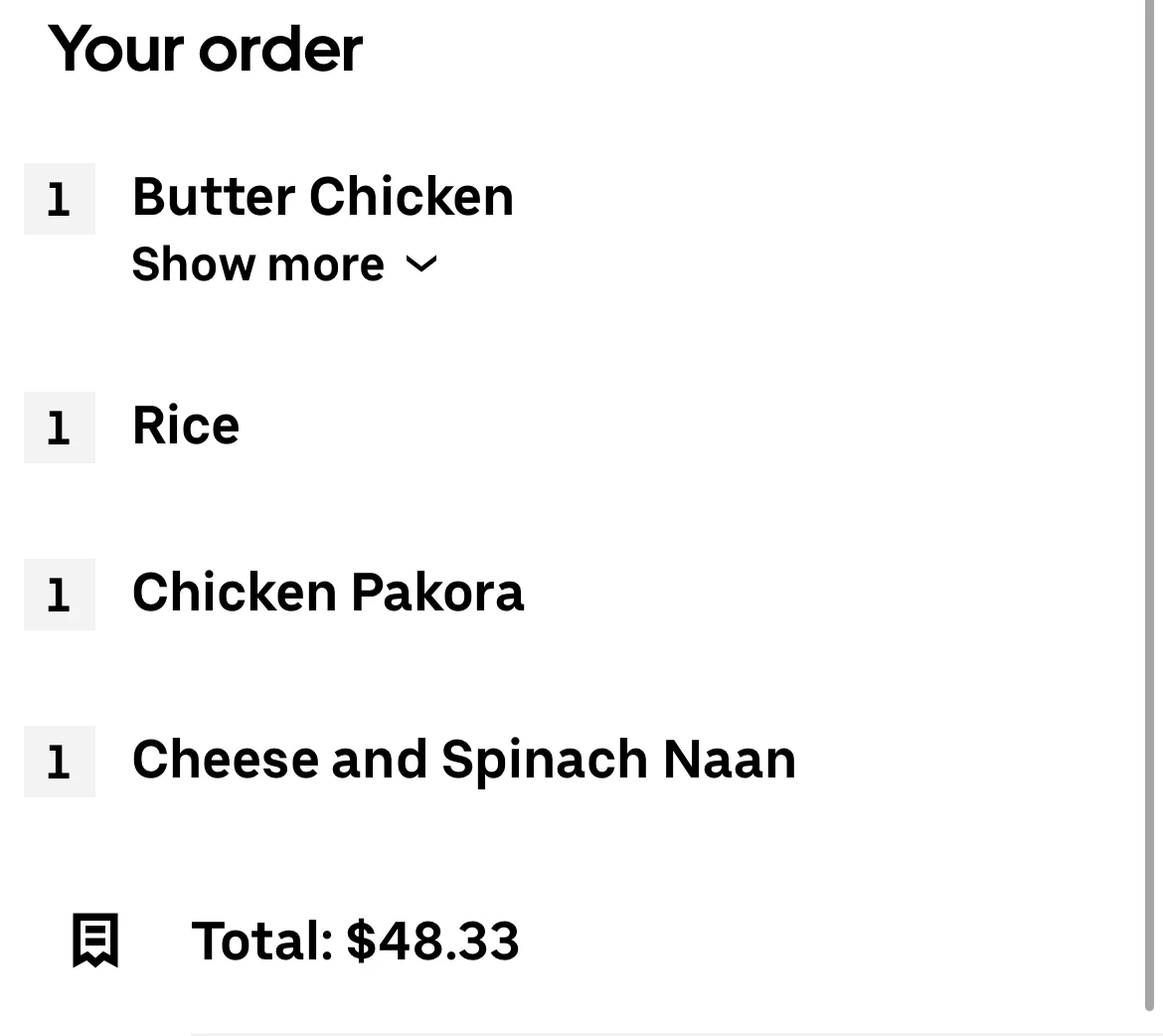 Menu, Spice of India