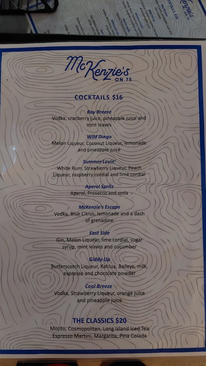 Menu, McKenzie's Restaurant