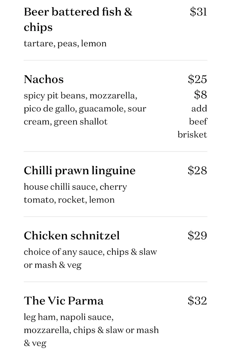 Menu, The Vic On The Park