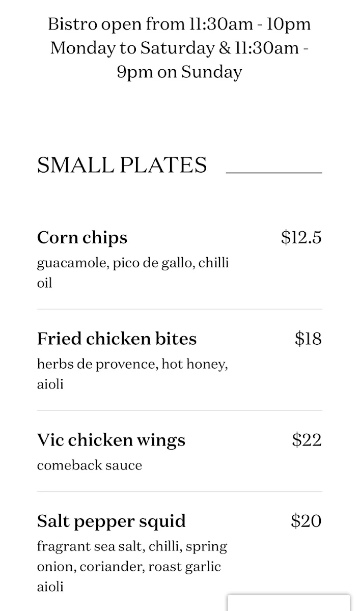 Menu, The Vic On The Park