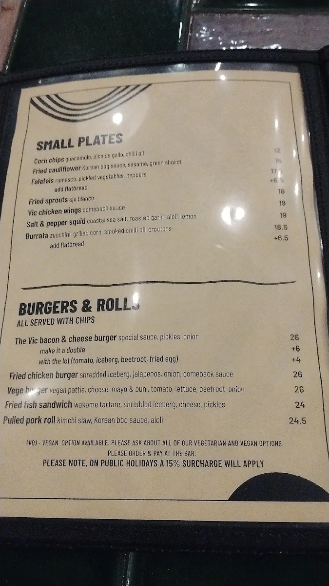 Menu, The Vic On The Park