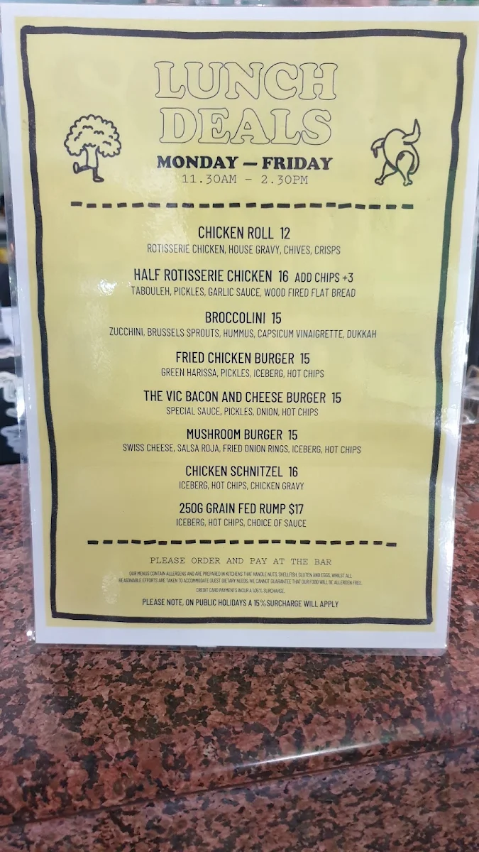 Menu, The Vic On The Park