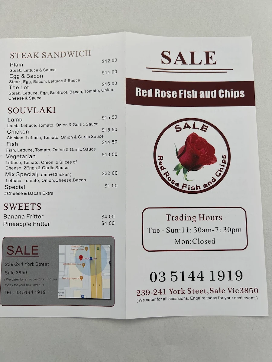 Menu, Sale Red Rose Cafe
