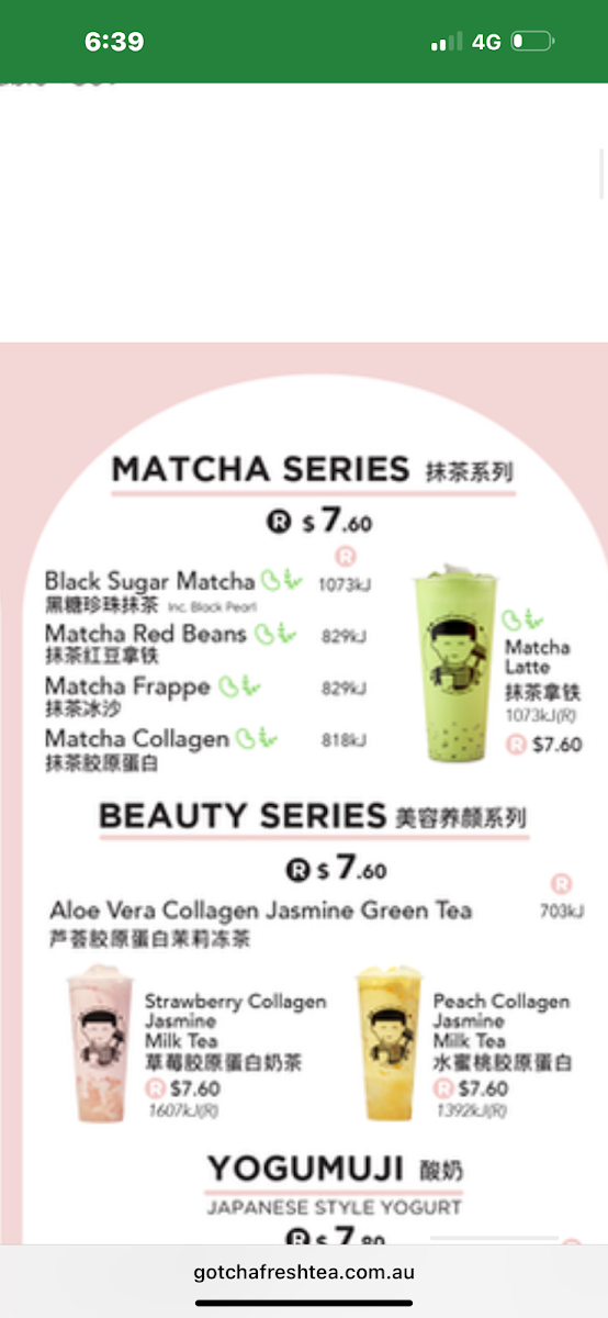 Menu, Gotcha Fresh Tea - Eastland