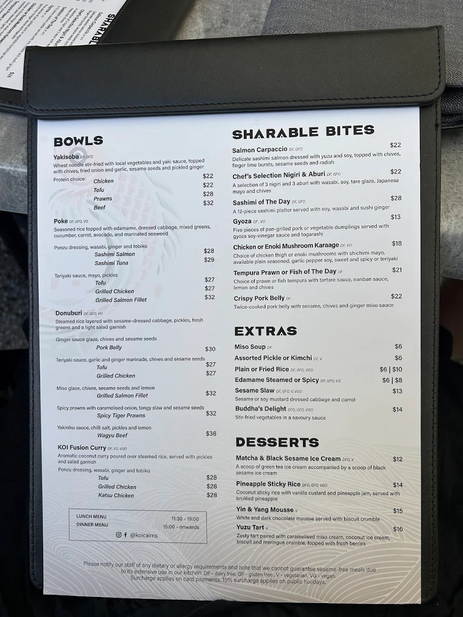 Menu, KOI Bar & Restaurant