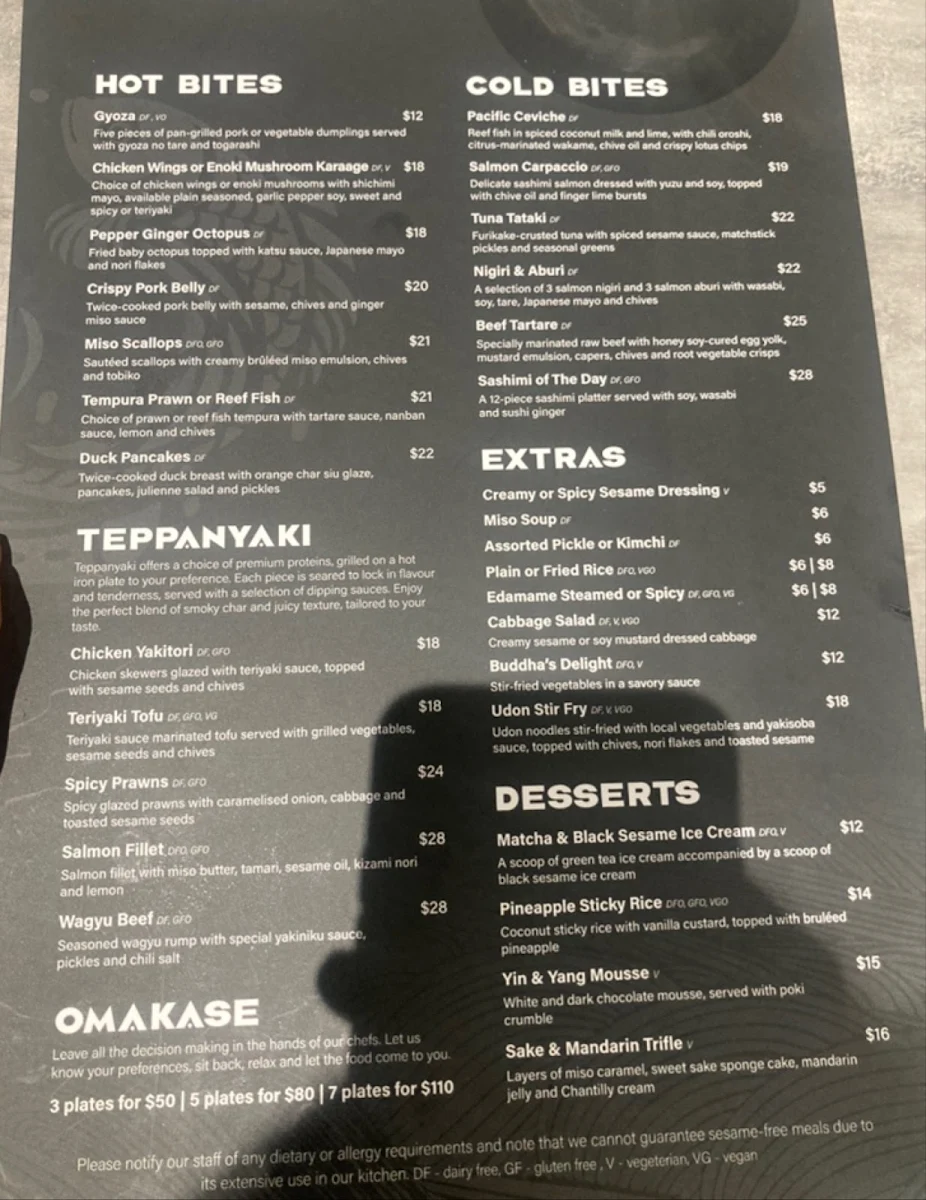 Menu, KOI Bar & Restaurant