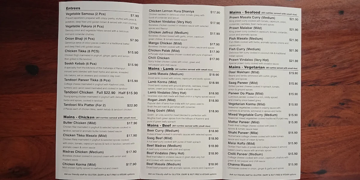 Menu, Waikerie Curry House