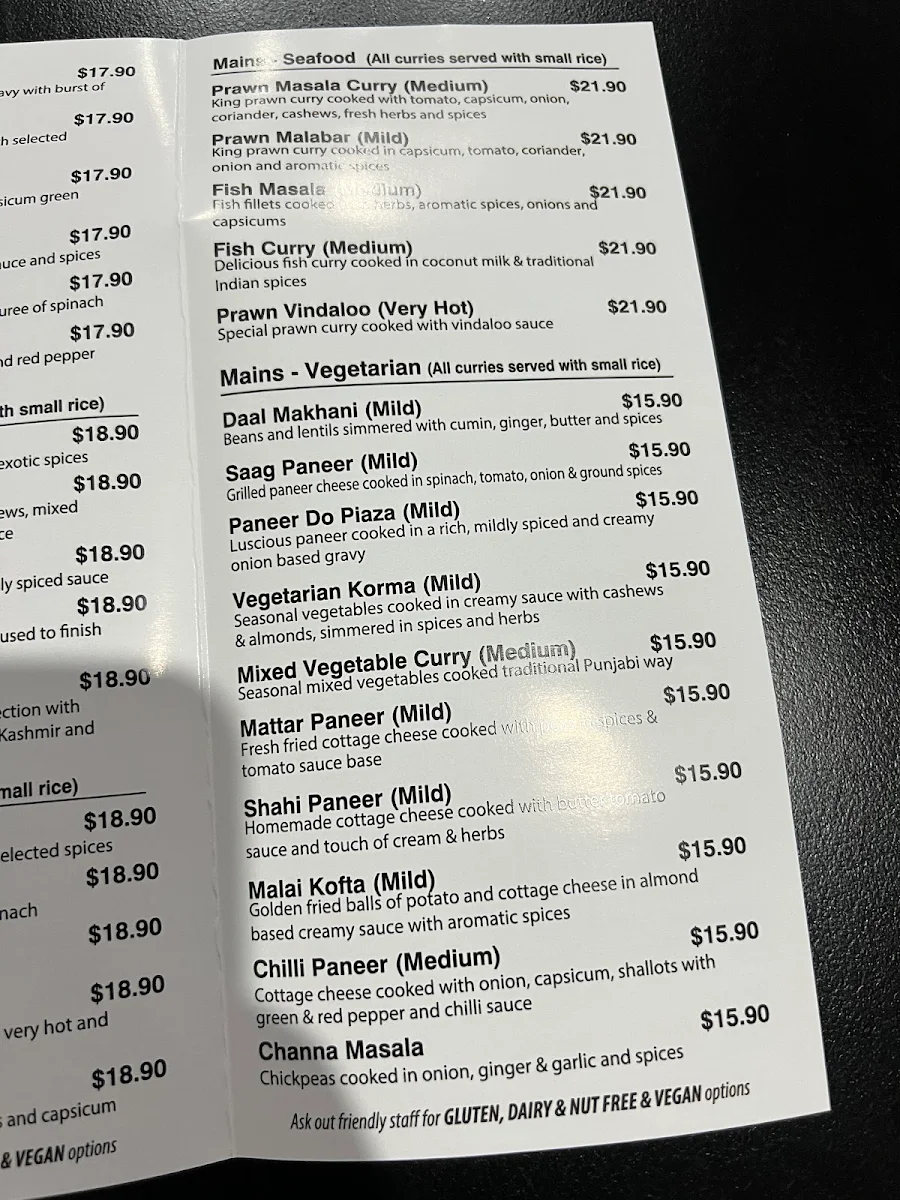Menu, Waikerie Curry House