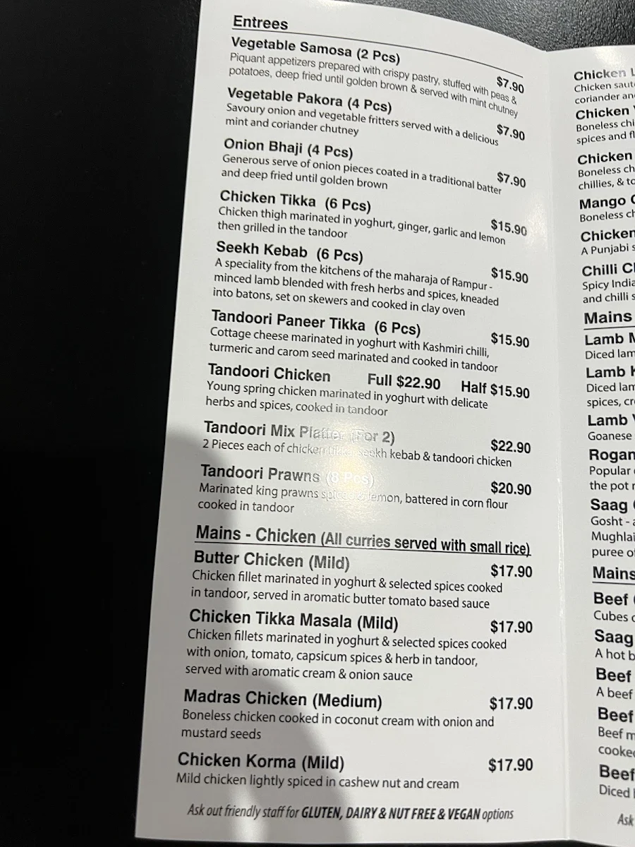 Menu, Waikerie Curry House