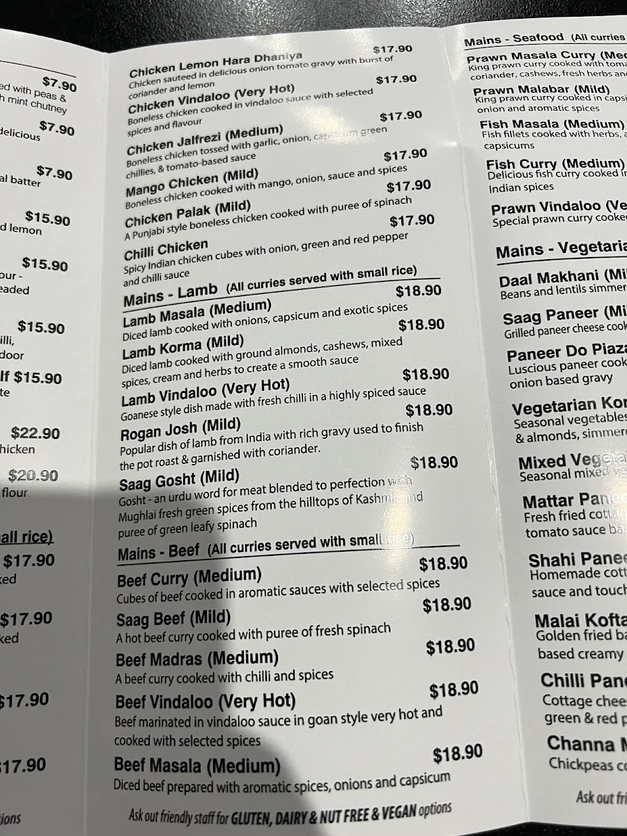 Menu, Waikerie Curry House