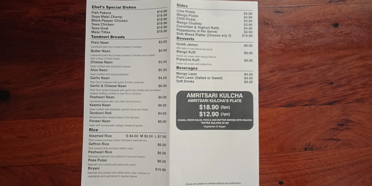 Menu, Waikerie Curry House