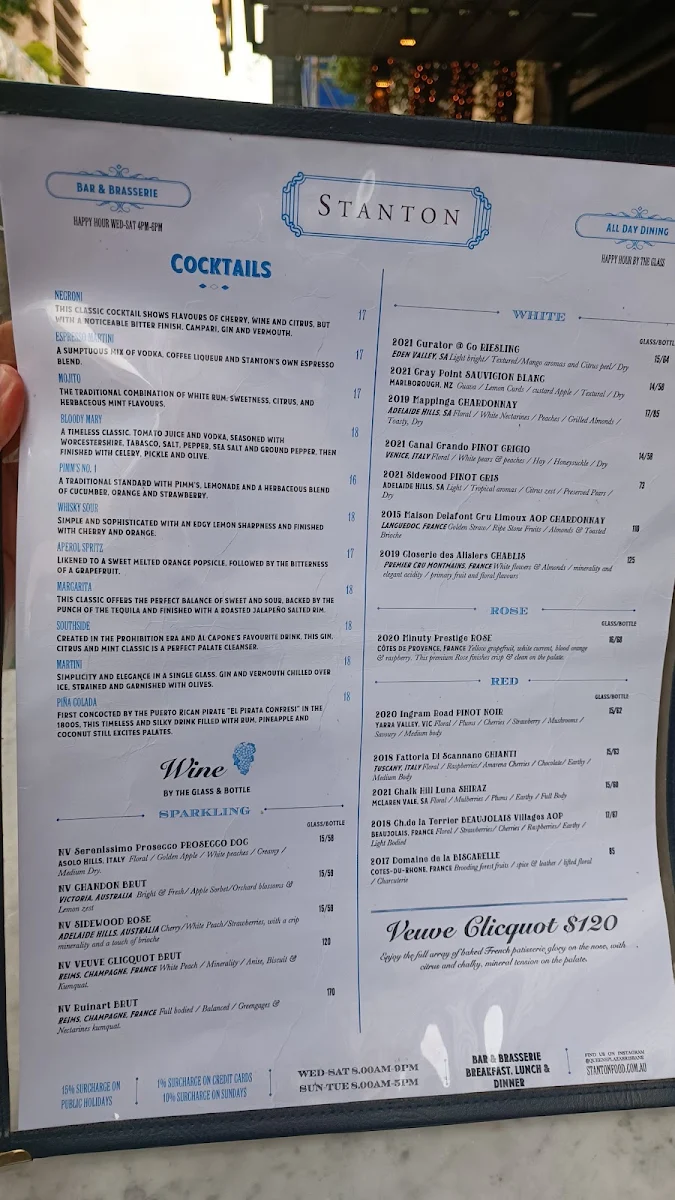 Menu, Stanton Brasserie, Bar & Pizzeria